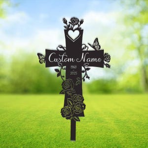Personalized Cross With Rose Flowers Memorial Stake, Custom Cross Grave Marker Metal Garden Decor, Memorial Cross Stake Metal Garden Sign
