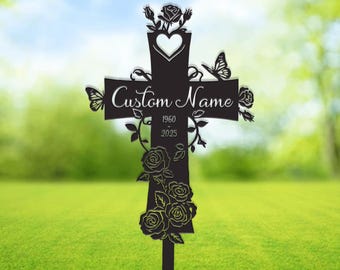 Personalized Cross With Rose Flowers Memorial Stake, Custom Cross Grave Marker Metal Garden Decor, Memorial Cross Stake Metal Garden Sign