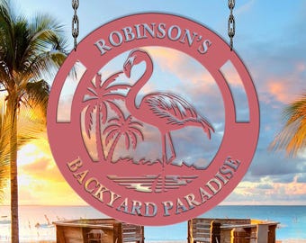 Personalized Flamingo Tropical Sign, Flamingo Backyard Paradise Sign, Custom Tropical Metal Decor,Tropical Flamingo Yard Sign,Flamingo decor