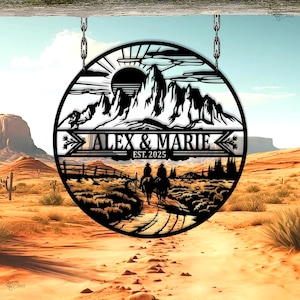 Gepersonaliseerde western metalen bord, naambord cowboy paar, ranch decor cadeau, cadeau paar, paardrijden scène, cowgirl cadeau, countrybruiloft