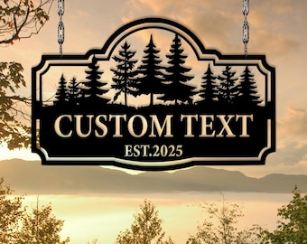 Custom Cabin Metal Sign, Pine Tree Forest Design, Personalized Cabin Sign, Metal Forest Wall Art, Gift for dad, Cabin est sign, Forest decor