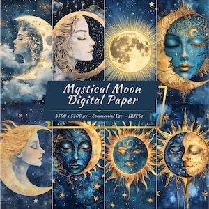 Pacchetto di carta digitale "Mistica Luna" / Sfondi celestiali con sole e luna / Cielo notturno stellato / Uso commerciale / 12 file JPG
