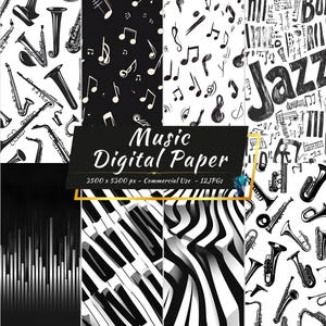 Musique numérique papier | Motif de notes de piano noir et blanc | Lot de 12 JPG | Utilisation commerciale | Téléchargement instantané