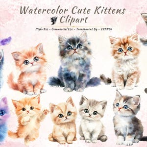 Watercolor Cute Kittens Clipart Bundle - 24 PNGs Digital Download - Fluffy Cat Illustrations - Transparent Background - High-Res Art