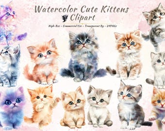 Pacote de Clipart de Gatinhos Kawaii, Ilustrações Fofas de Gatinhos Bebês em Aquarela (24 PNGs)