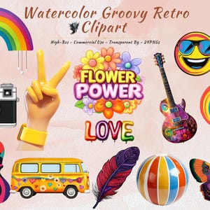 Clipart rétro groovy à l'aquarelle | Ensemble PNG hippie des années 70 | Graphiques Flower Power | Utilisation commerciale | 24 fichiers PNG transparents haute résolution