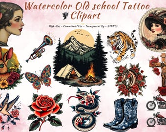 Watercolor Old School Tattoo Clipart: 24 Vintage PNGs (Commercial Use