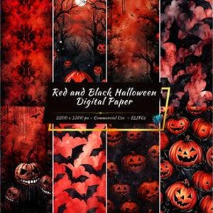 Red and Black Halloween Digital Paper Pack | Gothic Pumpkin, Damask Halloween Backgrounds