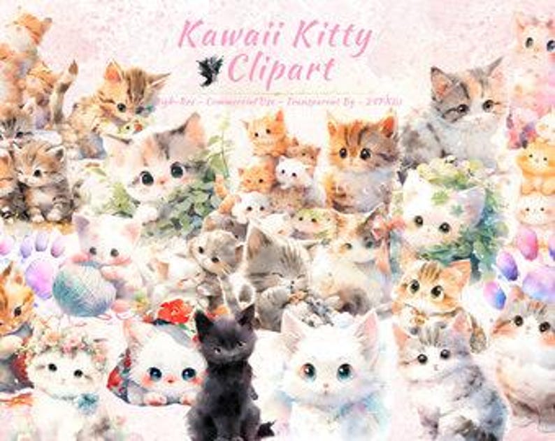 Kawaii Cat Clipart Bundle, Cute Anime Kittens Pastel Chibi Style (20 ...