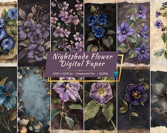 Papel digital botánico Nightshade, estilo gótico vintage floral oscuro (8 JPG)