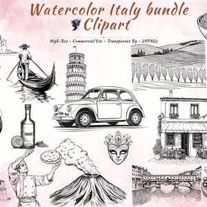 Watercolor Italy Clipart Bundle: Italian Landmarks, Food (PNG Digital Download, Commercial Use)