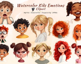 Feelings Chart Clipart Bundle, Watercolor Chibi Kids Emotions Faces (20 PNGs)