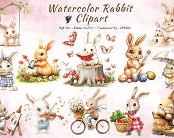 Pacchetto di clipart di coniglietti acquerellati / PNG per la scuola materna di Pasqua primaverile (download digitale)