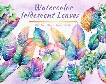 Tropical Leaves Clipart Bundle, Iridescent Monstera Palm Botanical PNG (20 PNGs)