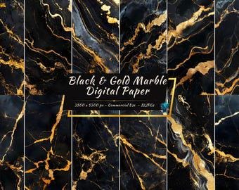 Black Gold Marble Digital Paper, Luxurious Stone Textures Elegant Backgrounds (8 JPGs)