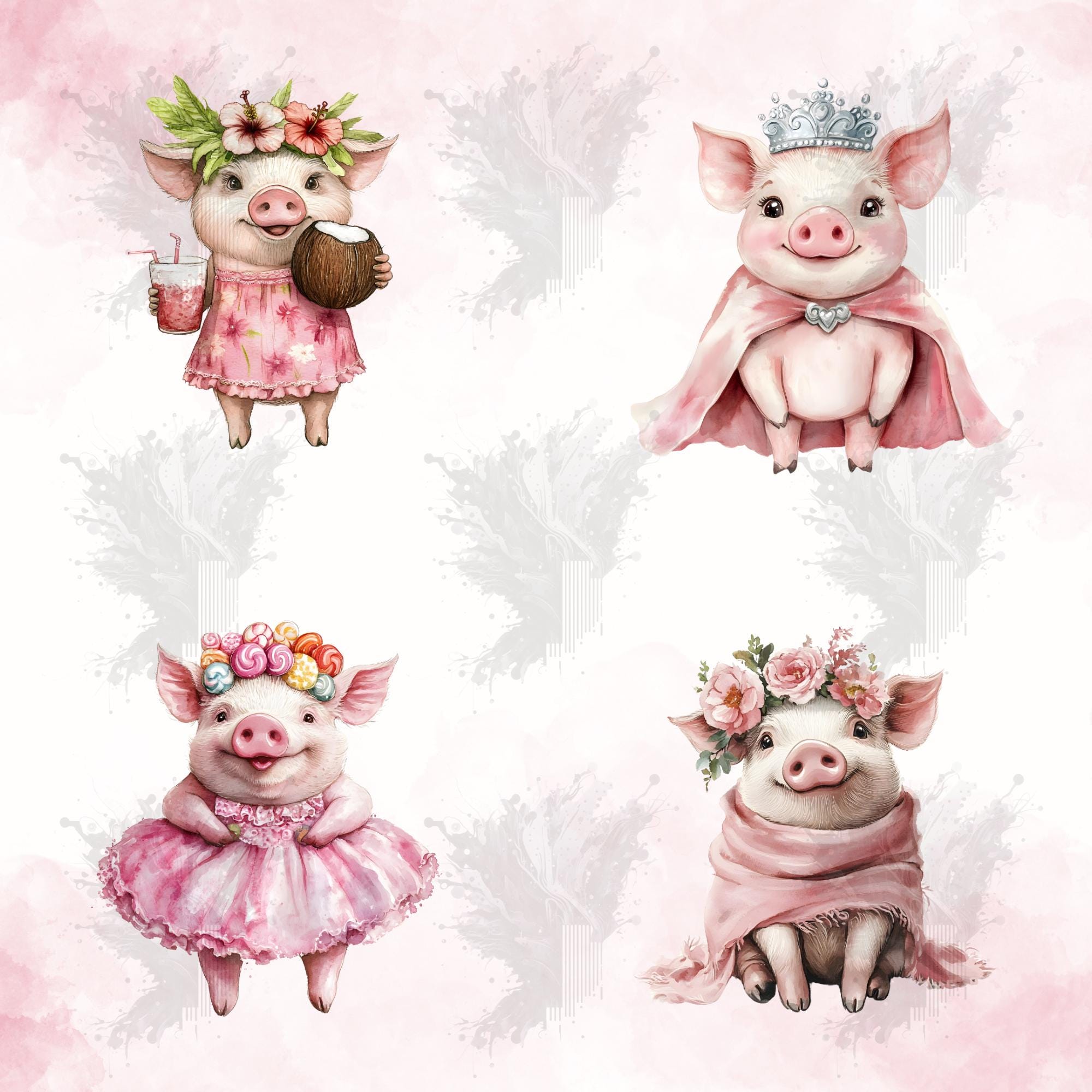 Watercolor Pig Queen Clipart - Cute Pig Princess PNG - Pink Farm Animal ...