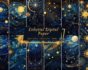 Celestial Moon Stars Digital Paper, Galaxy Night Sky Witchy Backgrounds (12 JPGs)