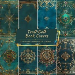 Teal and Gold Book Covers Digital Prints | Grimoire Cover Pages and Spines
