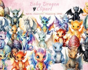 Baby Dragon Clipart-paket, akvarell fantasiillustrationer för barnrum (20 PNG-bilder)