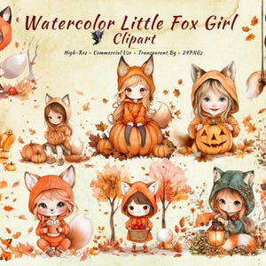 Clipart aquarelle fille renard - automne renard PNG Bundle - sublimation animal mignon - art numérique pour autocollants et travaux manuels