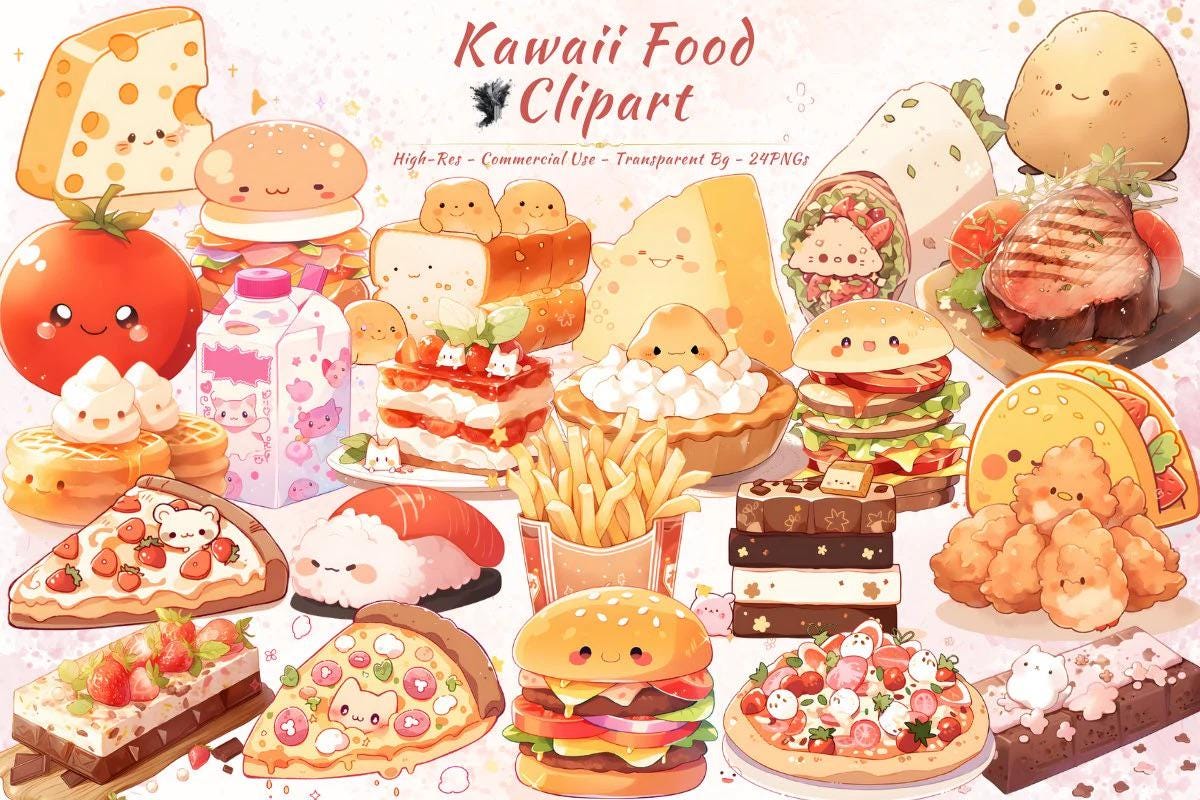 Kawaii Food PNG Clipart Collection | Cute, Chibi, Anime Style Burger, Pizza, Sushi, Cheese and More