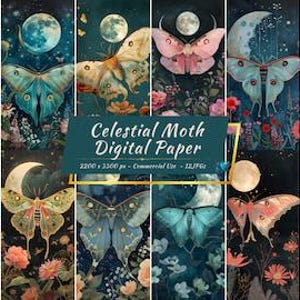 Collection de papiers numériques fantaisie papillon céleste | Fond animal lunaire mystique