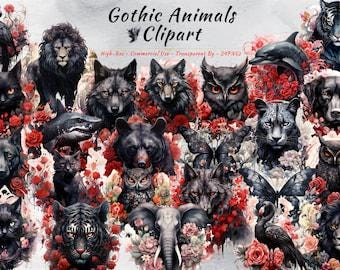 Raccolta di clipart PNG di animali gotici floreali / Ritratti di animali scuri