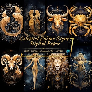 Paquet de papier numérique du zodiaque céleste | Astrologie mystique, Arrière-plans de l'horoscope