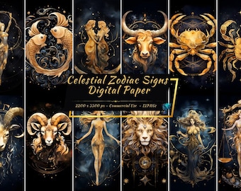 May include: A set of 12 digital papers featuring celestial zodiac signs. Each sign is depicted in a gold and black color scheme with intricate details. The papers are 2200 x 3300 pixels and are for commercial use.
