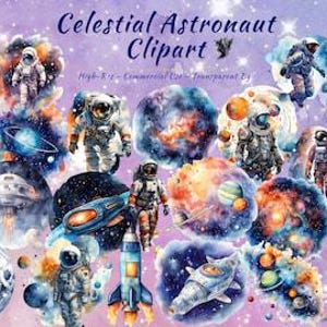 Collection de cliparts d'astronautes PNG | Bundle de cliparts céleste, fusée, espace, galaxie, astronaute