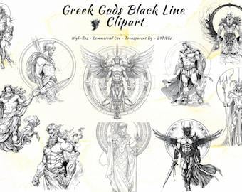 Greek Mythology Clipart Bundle, Zeus Hades Poseidon Gods Black Line Art (24 PNGs)