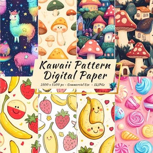Kawaii Digitales Papier | 12 süße JPGs | 3500x5300px | Süßigkeiten, Obst, Lama, Pilz Muster | Sofort Download