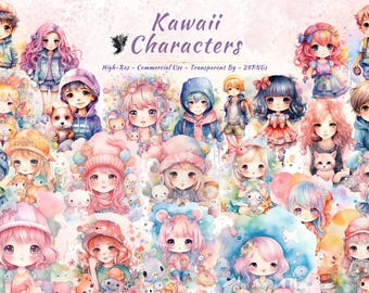 Kawaii Anime Kids Clipart Bundle, Pastel Characters, Commercial Use (24 PNGs)