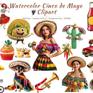 Cinco de Mayo Watercolor Clipart | Mexican Fiesta PNG | Fiesta Party Sublimation | Transparent Background | Commercial Use