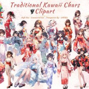 Kawaii Girls Clipart Collection | Anime Style, Traditional Japanese Characters in Yukata