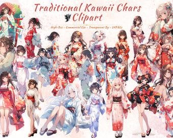 Kawaii Girls Clipart Collection | Anime Style, Traditional Japanese Characters in Yukata