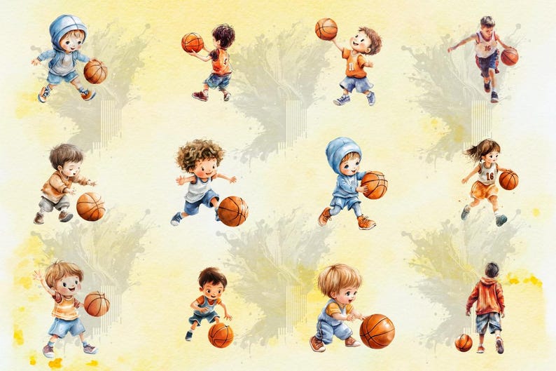 Basketball Clipart Bundle, Watercolor Kids Sports Players Ball Hoop ...