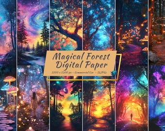 Enchanted Forest Digital Paper, Magical Glowing Woodland Night Sky Fantasy (12 JPGs)