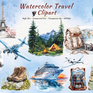 Paquete de imágenes prediseñadas de viajes en acuarela / Paquete de imágenes PNG de aventuras / Descarga digital de acampada y senderismo / Sublimación de globos aerostáticos, aviones y equipaje