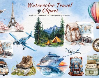 Travel Clipart Bundle, Watercolor Adventure Vacation Wanderlust PNG (20 PNGs)