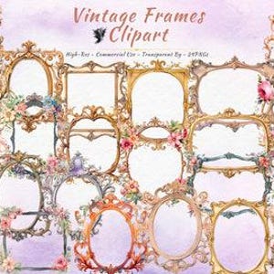 Gold Vintage Frame Clipart Bundle, Ornate Victorian Floral Border PNG (24 PNGs)