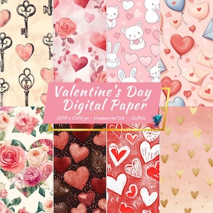 Papel digital de San Valentín, paquete de álbumes de recortes de amor, fondos de corazones, 12 JPG, papel romántico y bonito, uso comercial