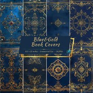 Blue and Gold Book Covers Digital Prints | Grimoire Cover Pages and Spines