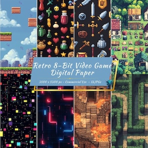 Papier numérique 8 bits pour jeu vidéo rétro | Arrière-plans de jeu pixel art | 12 fichiers JPG | Utilisation commerciale | 3500x5300px | Téléchargement instantané