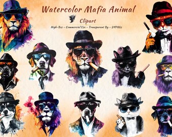 Gangster Animal Clipart Bundle, Watercolor Mafia Boss Lion Cat Dog Suited (20 PNGs)