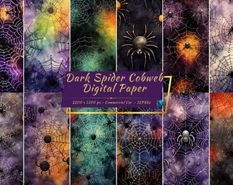 Cobweb and Dark Spider Digital Paper Pack | Spooky Halloween Backgrounds, (12 JPGs)