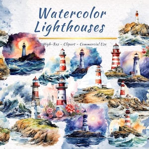May include: Watercolor illustrations of lighthouses in various poses. The lighthouses are painted in red, white, and blue with a watercolor wash. The illustrations are set against a background of blue water and white waves. The text "Watercolor Lighthouses" is at the top of the image. The text "High-Res - Clipart - Commercial Use" is below the title.