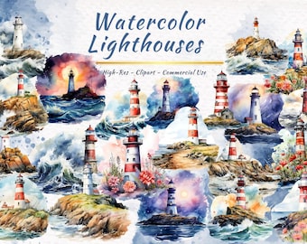 Lighthouse Clipart Bundle, Watercolor Nautical Coastal Beach Seaside PNG (24 PNGs)