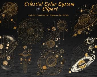 Paquete de imágenes prediseñadas celestiales, astronomía vintage con lámina dorada, planetas, luna y estrellas PNG (24 PNG)