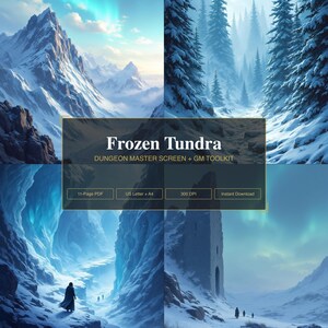 May include: A digital Dungeon Master screen and GM toolkit titled Frozen Tundra, featuring four snowy landscape illustrations. The text includes 11-Page PDF, US Letter + A4, 300 DPI, and Instant Download, presented in a dark rectangular overlay.